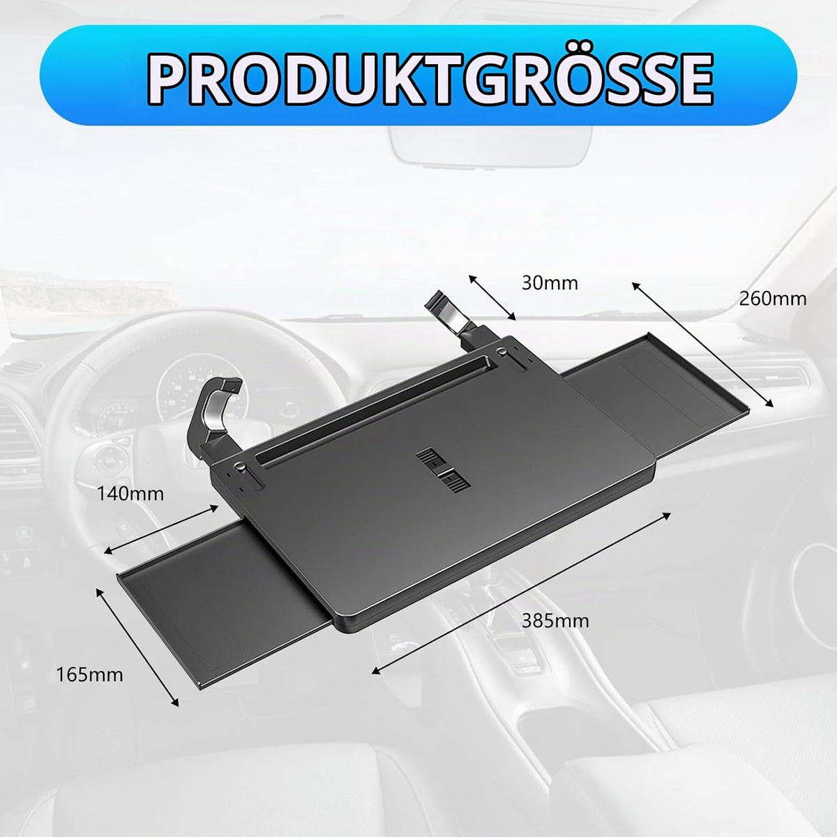 3-in-1-Clip-on-Lenkradtisch fürs Auto, mit einziehbaren Ablagen links und rechts und kratzfester Rille am Lenkrad, multifunktionales Auto-Esstablett für Reisen/Langstreckenfahrten