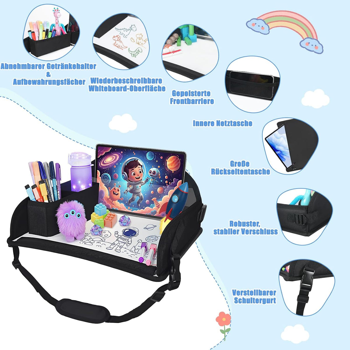 Reisetisch Auto Kinder – Knietablett Kinder Auto für Beschäftigung bei Autofahrten, Faltbarer Autotisch für Rücksitz & Reise, Schwarz