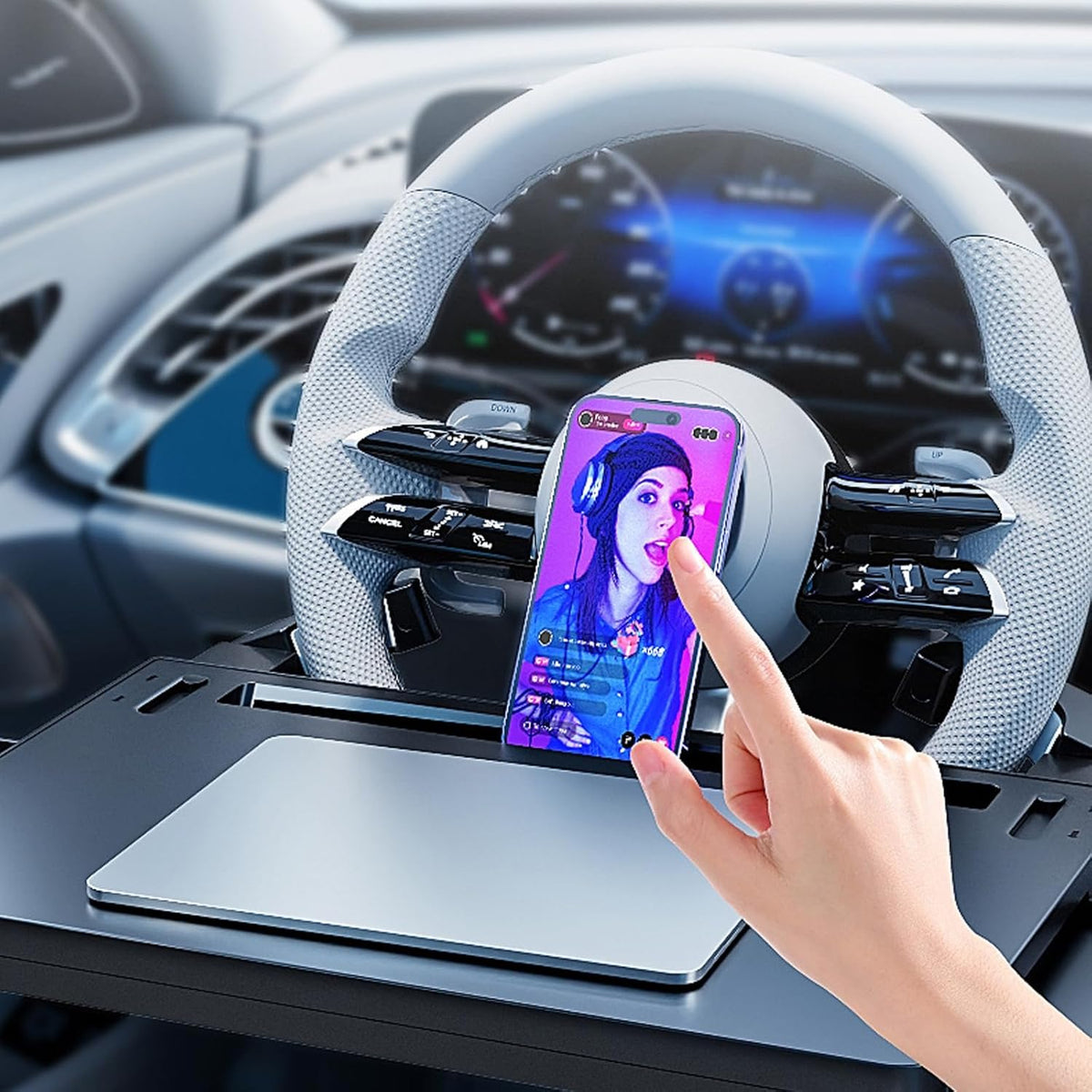 3-in-1-Clip-on-Lenkradtisch fürs Auto, mit einziehbaren Ablagen links und rechts und kratzfester Rille am Lenkrad, multifunktionales Auto-Esstablett für Reisen/Langstreckenfahrten