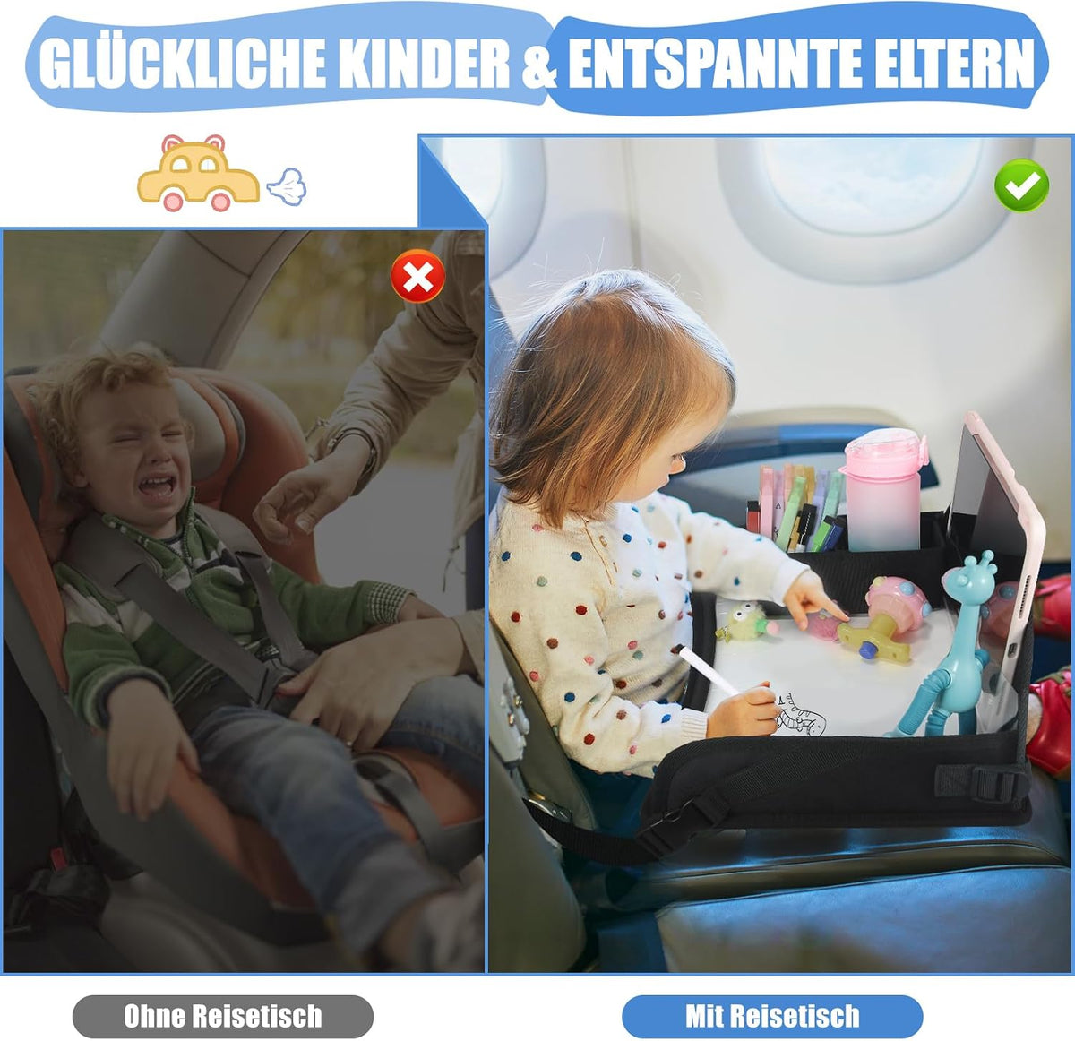 Reisetisch Auto Kinder – Knietablett Kinder Auto für Beschäftigung bei Autofahrten, Faltbarer Autotisch für Rücksitz & Reise, Schwarz