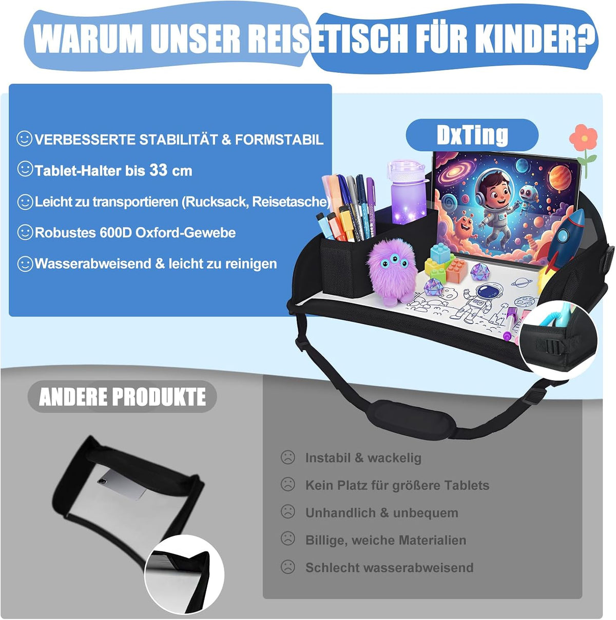 Reisetisch Auto Kinder – Knietablett Kinder Auto für Beschäftigung bei Autofahrten, Faltbarer Autotisch für Rücksitz & Reise, Schwarz
