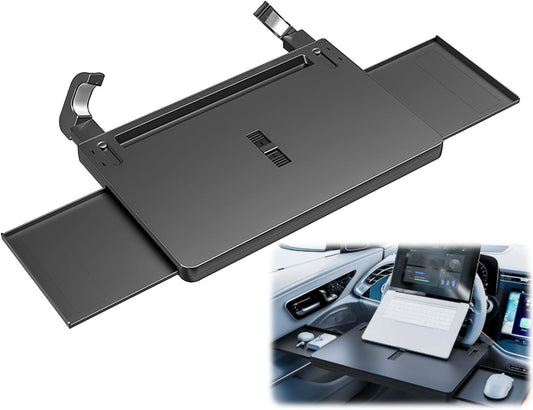 3-in-1-Clip-on-Lenkradtisch fürs Auto, mit einziehbaren Ablagen links und rechts und kratzfester Rille am Lenkrad, multifunktionales Auto-Esstablett für Reisen/Langstreckenfahrten