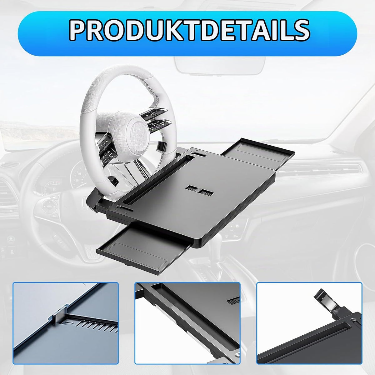 3-in-1-Clip-on-Lenkradtisch fürs Auto, mit einziehbaren Ablagen links und rechts und kratzfester Rille am Lenkrad, multifunktionales Auto-Esstablett für Reisen/Langstreckenfahrten