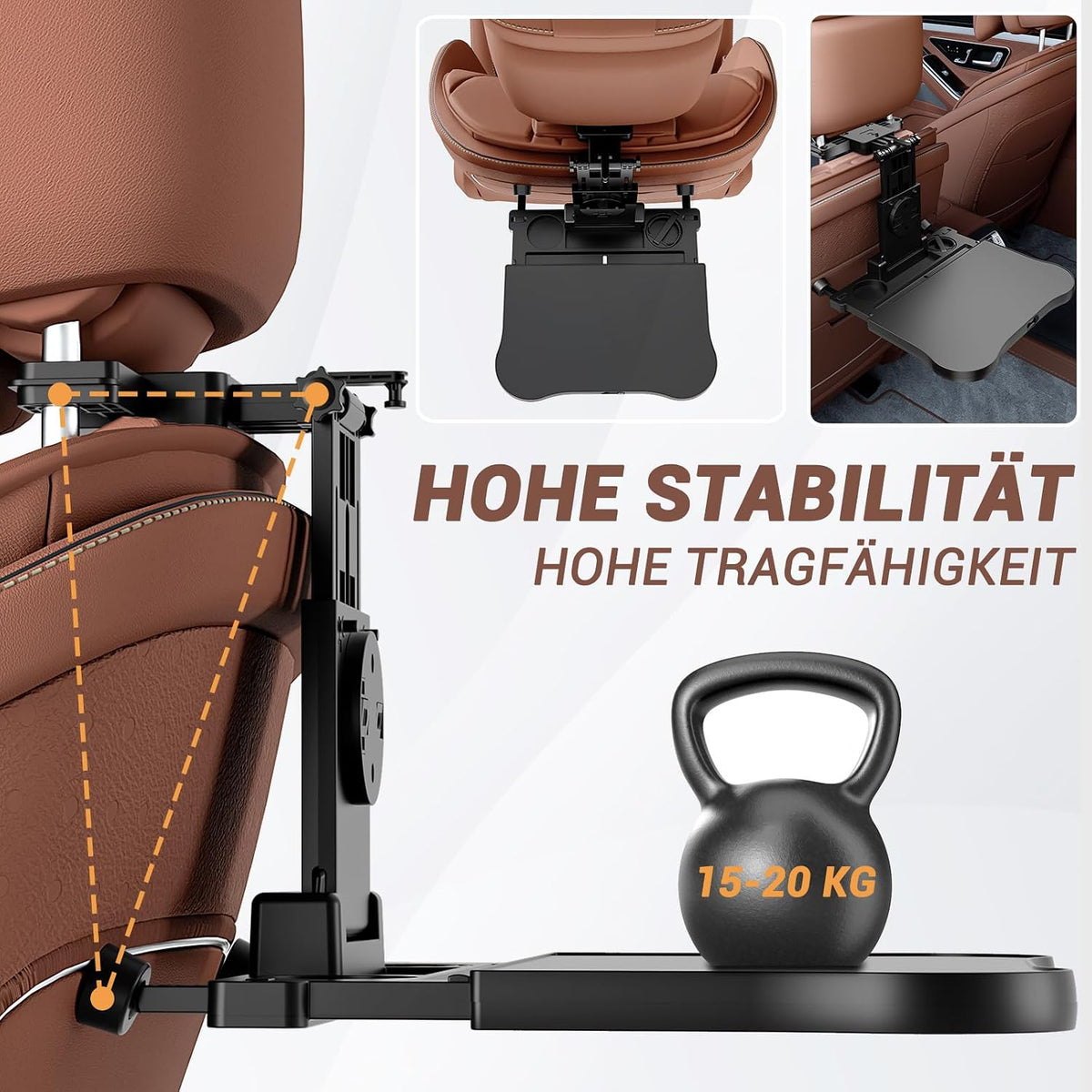 Auto Tisch für Rücksitz Beifahrer, Schreibtisch mit Getränkehalter und Handyhalter, Multifunktional Esstisch für Kinder Erwachsene Klappbar Einstellbar Belastbarkeit 15-20 kg(mit EU-Patent)
