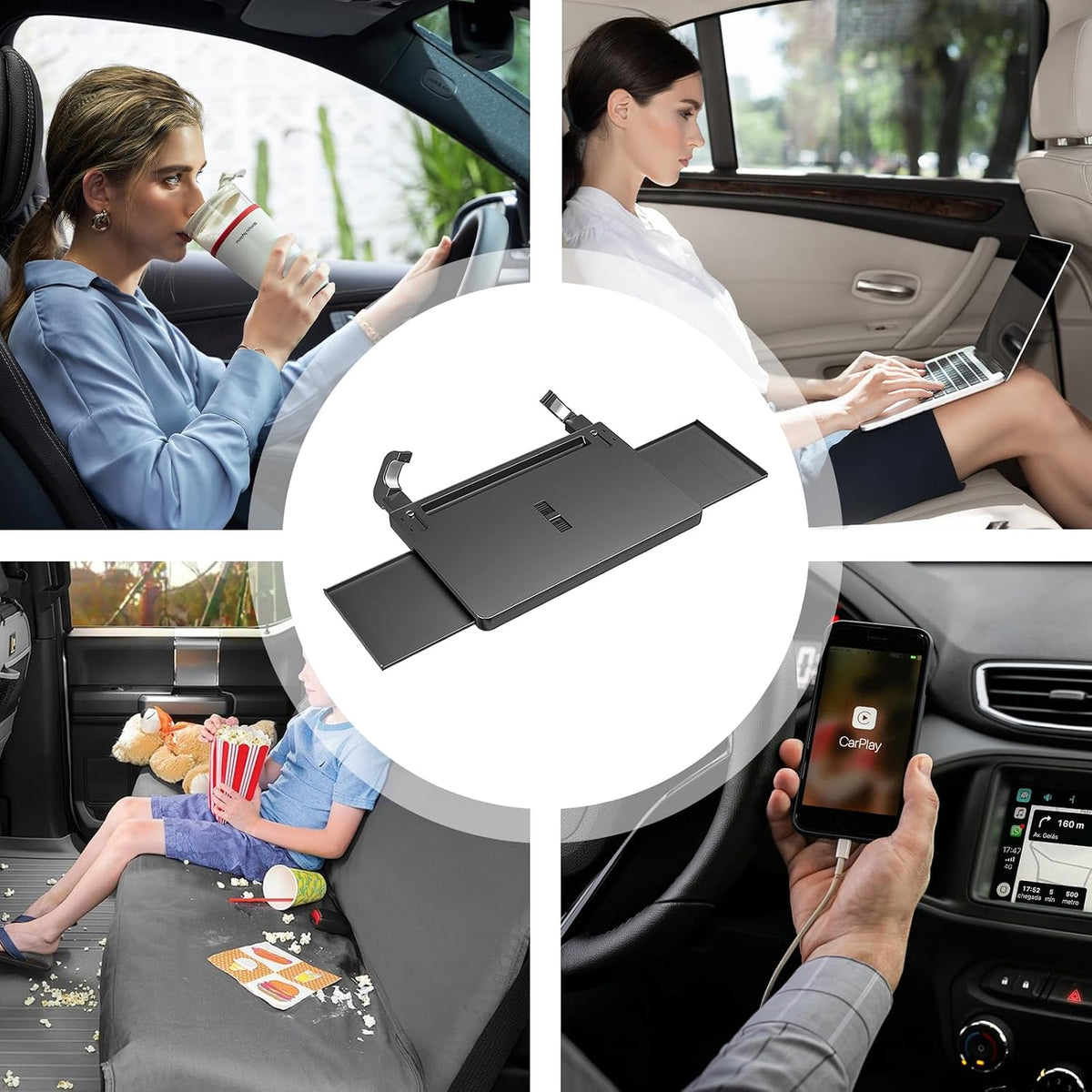 3-in-1-Clip-on-Lenkradtisch fürs Auto, mit einziehbaren Ablagen links und rechts und kratzfester Rille am Lenkrad, multifunktionales Auto-Esstablett für Reisen/Langstreckenfahrten