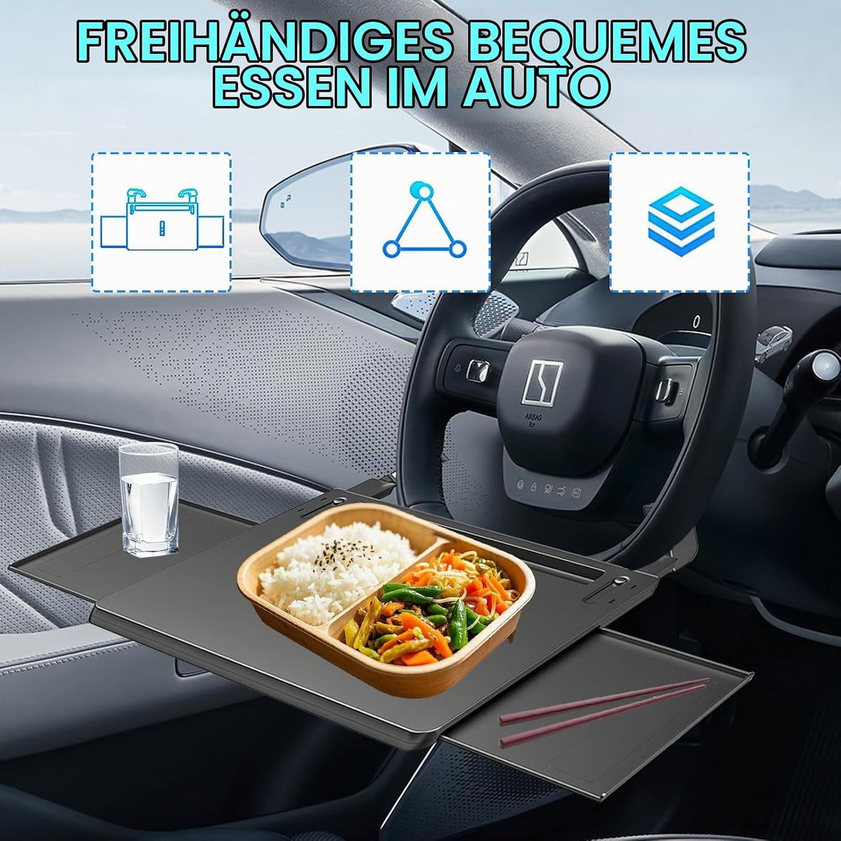 3-in-1-Clip-on-Lenkradtisch fürs Auto, mit einziehbaren Ablagen links und rechts und kratzfester Rille am Lenkrad, multifunktionales Auto-Esstablett für Reisen/Langstreckenfahrten