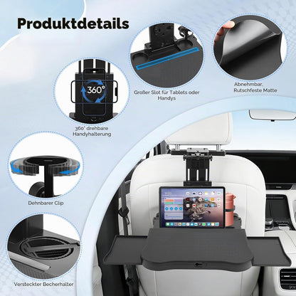 Autositz Tablett 20 kg, Auto Tisch für Rücksitz Beifahrer, 360° drehbarer Computertisch mit Rückenlehne, Getränkehalter, multifunktionaler Klapptisch, Klappbar Einstellbar