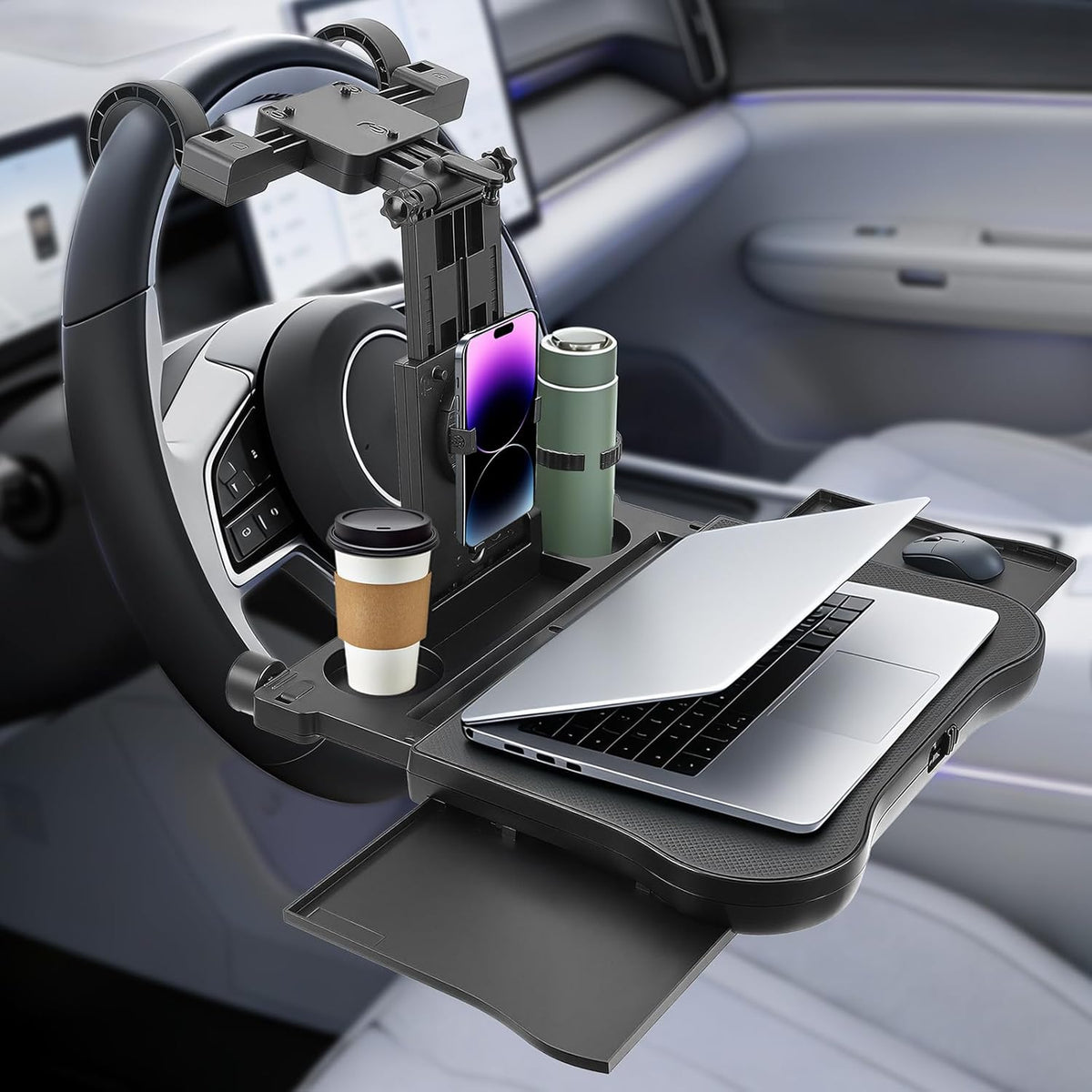 Autositz Tablett 20 kg, Auto Tisch für Rücksitz Beifahrer, 360° drehbarer Computertisch mit Rückenlehne, Getränkehalter, multifunktionaler Klapptisch, Klappbar Einstellbar