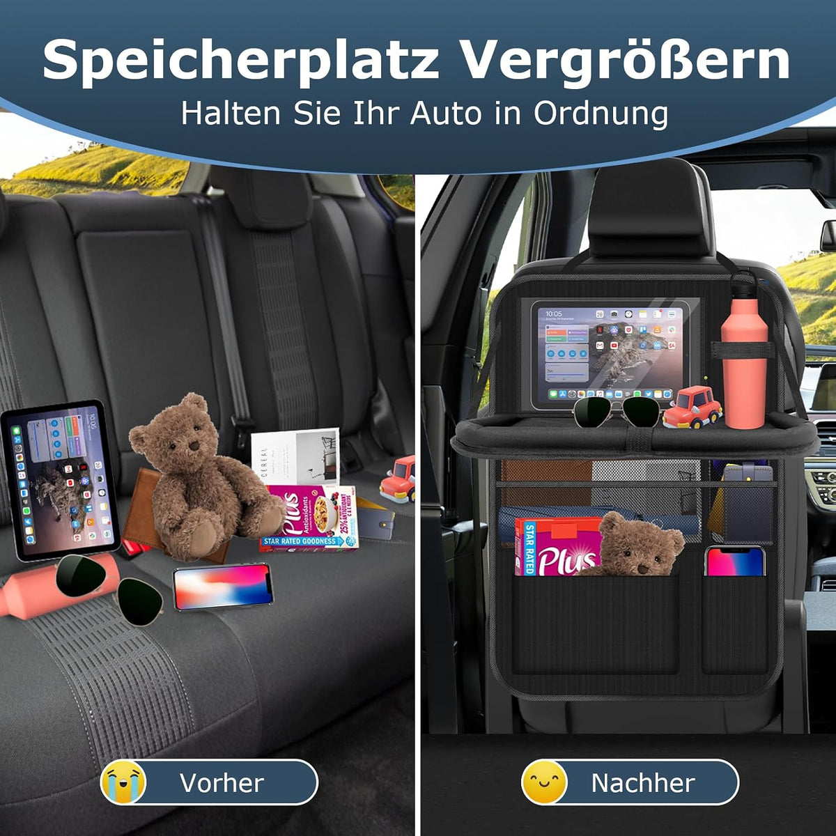 Auto Organizer, Autositz Organizer Große Rückenlehnenschutz Auto Kinder Multifunktional Wasserdicht Rücksitz Organizer mit Klapptisch, Tablet Tasche und Viele Taschen