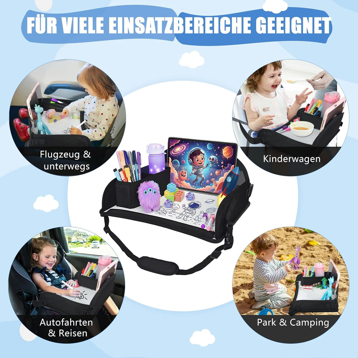 Reisetisch Auto Kinder – Knietablett Kinder Auto für Beschäftigung bei Autofahrten, Faltbarer Autotisch für Rücksitz & Reise, Schwarz