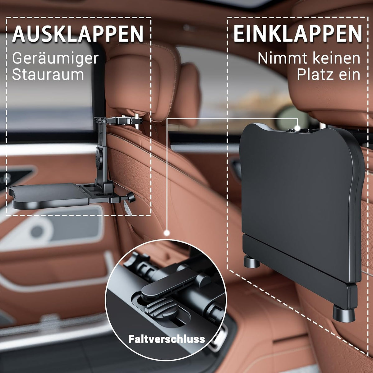 Auto Tisch für Rücksitz Beifahrer, Schreibtisch mit Getränkehalter und Handyhalter, Multifunktional Esstisch für Kinder Erwachsene Klappbar Einstellbar Belastbarkeit 15-20 kg(mit EU-Patent)
