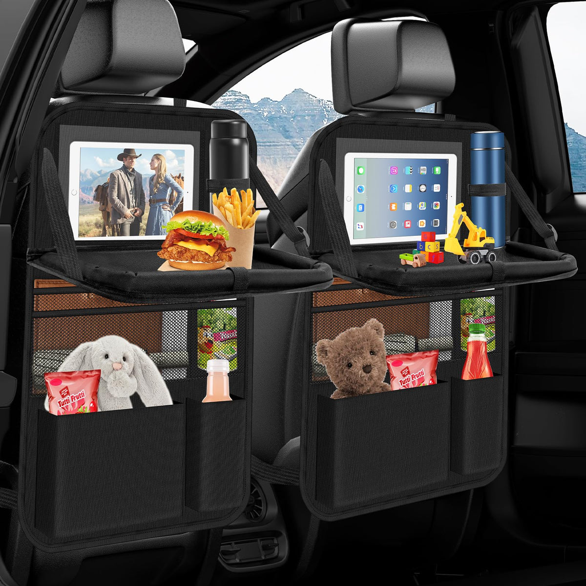Auto Organizer, Autositz Organizer Große Rückenlehnenschutz Auto Kinder Multifunktional Wasserdicht Rücksitz Organizer mit Klapptisch, Tablet Tasche und Viele Taschen