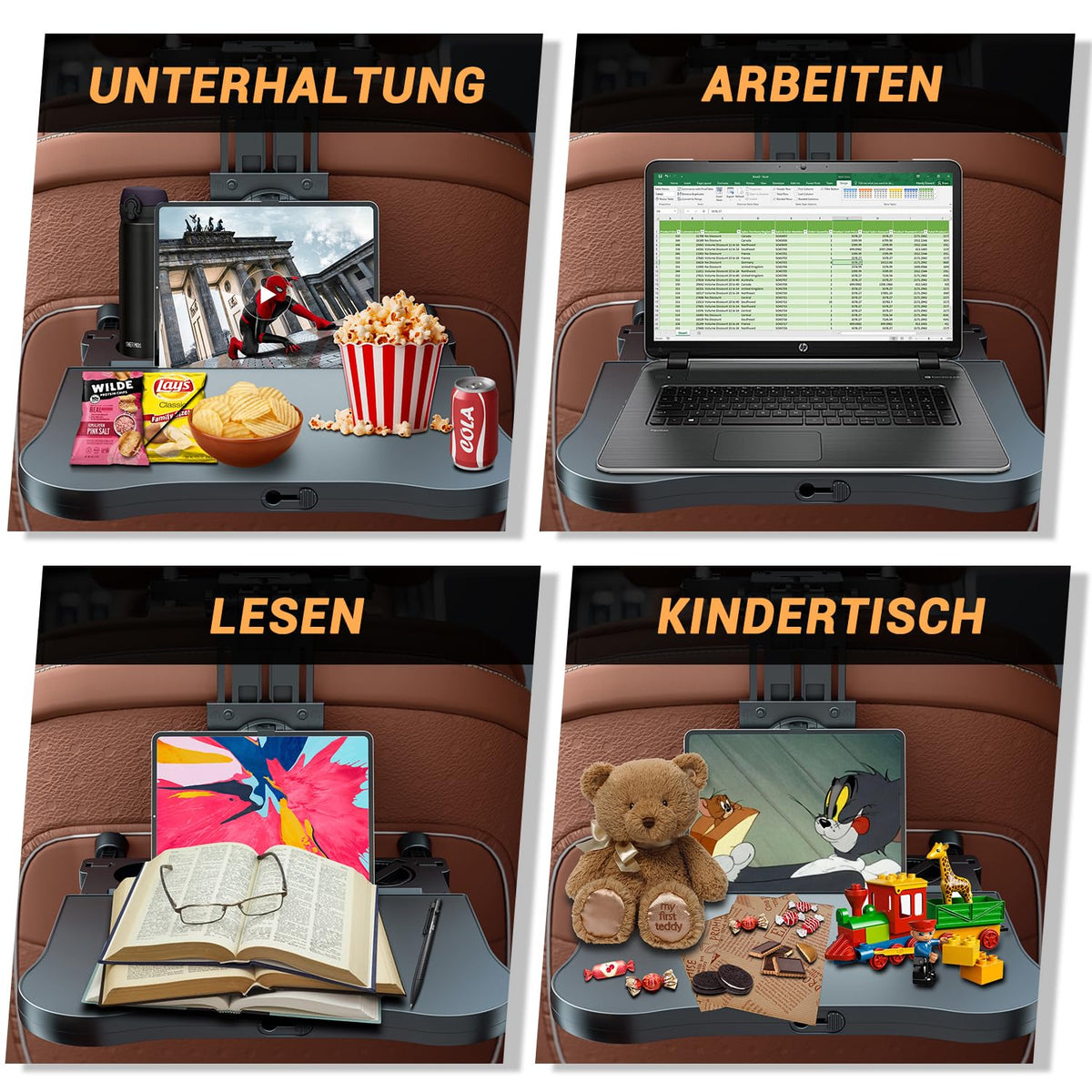Auto Tisch für Rücksitz Beifahrer, Schreibtisch mit Getränkehalter und Handyhalter, Multifunktional Esstisch für Kinder Erwachsene Klappbar Einstellbar Belastbarkeit 15-20 kg(mit EU-Patent)